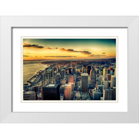 Washington State-Seattle Dusk on the Seattle skyline and Elliot Bay White Modern Wood Framed Art Print with Double Matting by Duval, Richard