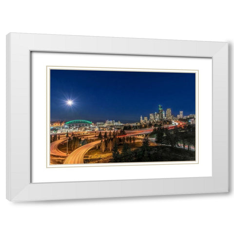 Washington State-Seattle Full Moon Over Downtown White Modern Wood Framed Art Print with Double Matting by Tilley, Rob