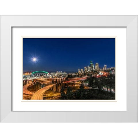 Washington State-Seattle Full Moon Over Downtown White Modern Wood Framed Art Print with Double Matting by Tilley, Rob