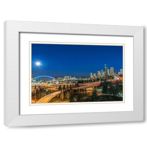 Washington State-Seattle Full Moon Over Downtown White Modern Wood Framed Art Print with Double Matting by Tilley, Rob