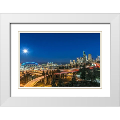 Washington State-Seattle Full Moon Over Downtown White Modern Wood Framed Art Print with Double Matting by Tilley, Rob