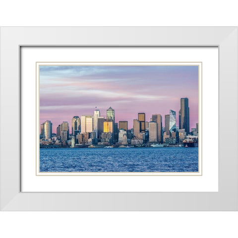 Washington State-Seattle Skyline at Sunset White Modern Wood Framed Art Print with Double Matting by Tilley, Rob