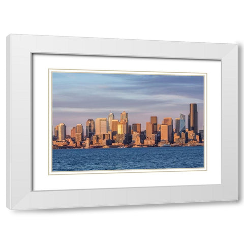 Washington State-Seattle Waterfront and Skyline at Sunset White Modern Wood Framed Art Print with Double Matting by Tilley, Rob
