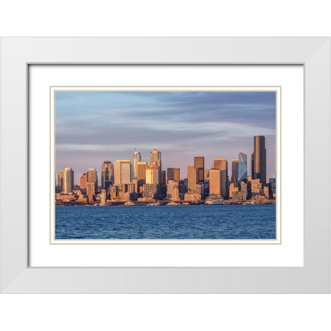 Washington State-Seattle Waterfront and Skyline at Sunset White Modern Wood Framed Art Print with Double Matting by Tilley, Rob