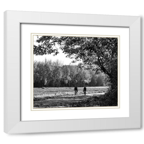 USA-Washington State-Fall City black and white two bike riders along Neal Rd SE White Modern Wood Framed Art Print with Double Matting by Gulin, Sylvia