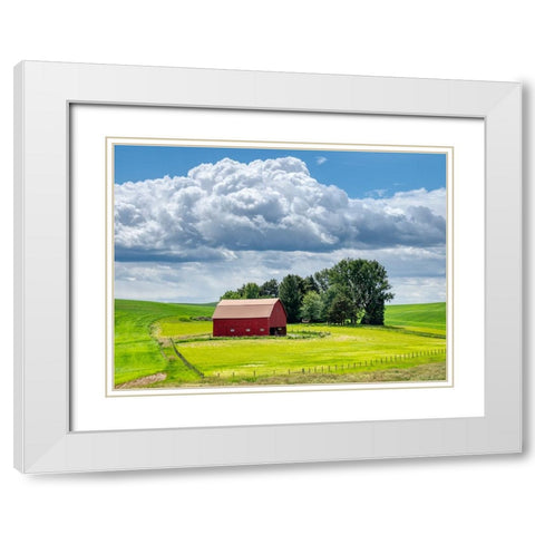 USA-Washington State-Palouse-Old Red barn with fresh green fields White Modern Wood Framed Art Print with Double Matting by Eggers, Terry
