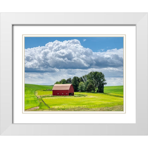 USA-Washington State-Palouse-Old Red barn with fresh green fields White Modern Wood Framed Art Print with Double Matting by Eggers, Terry