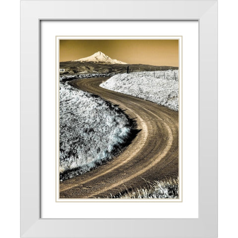 USA-Washington State Infrared capture of road running though wildflowers with Mount Hood background White Modern Wood Framed Art Print with Double Matting by Eggers, Terry