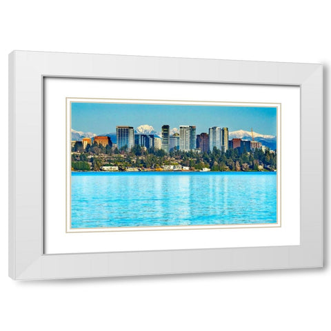 High-rise buildings-Lake Washington and snowcapped Cascade Mountains-Bellevue-Washington State White Modern Wood Framed Art Print with Double Matting by Perry, William