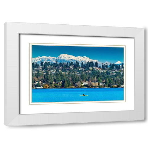 Yellow canoe and houses-Lake Washington and snowcapped Cascade Mountains-Bellevue-Washington State White Modern Wood Framed Art Print with Double Matting by Perry, William