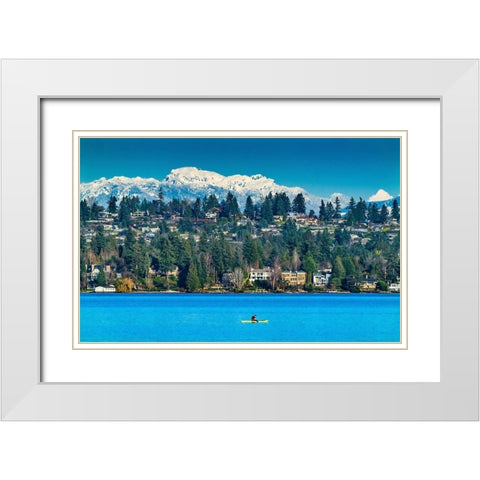 Yellow canoe and houses-Lake Washington and snowcapped Cascade Mountains-Bellevue-Washington State White Modern Wood Framed Art Print with Double Matting by Perry, William