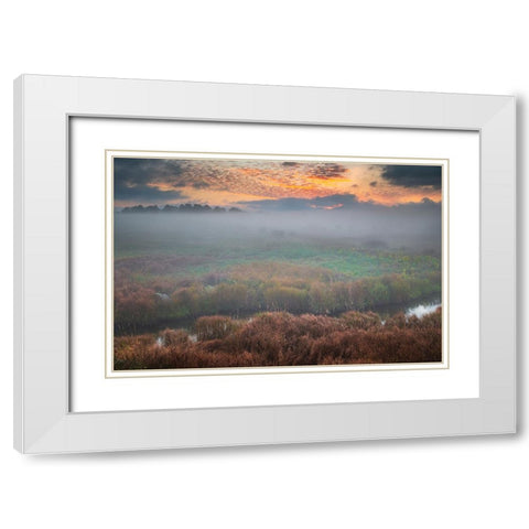 USA-West Virginia-Davis Fog over stream in valley at sunrise White Modern Wood Framed Art Print with Double Matting by Jaynes Gallery
