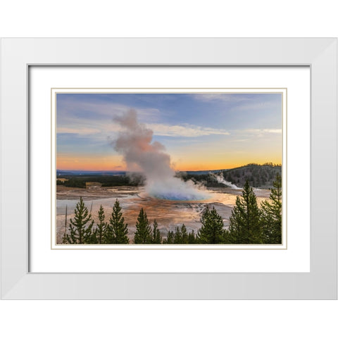 Elevated sunrise view of Grand Prismatic spring and colorful bacterial mat-Yellowstone National Park White Modern Wood Framed Art Print with Double Matting by Jones, Adam
