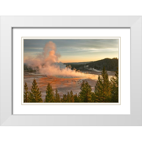 Elevated sunrise view of Grand Prismatic spring and colorful bacterial mat-Yellowstone National Park White Modern Wood Framed Art Print with Double Matting by Jones, Adam