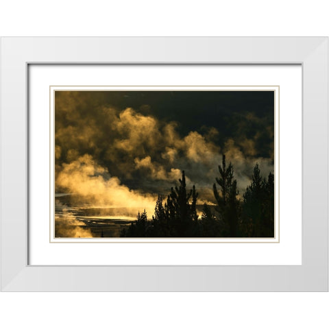 Elevated view of runoff water and bacterial mat-Grand Prismatic spring White Modern Wood Framed Art Print with Double Matting by Jones, Adam