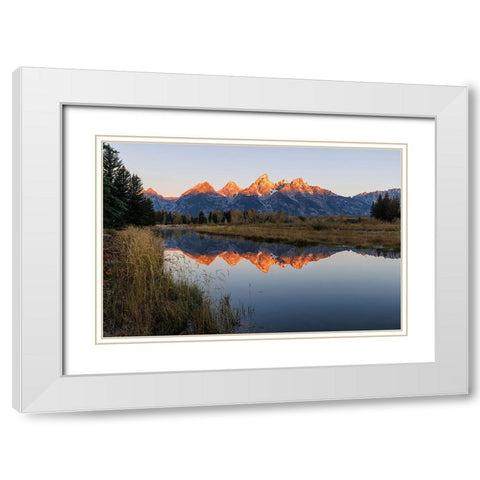 Teton Range reflected in Snake River from Schwabacher Landing-Grand Teton National Park-Wyoming White Modern Wood Framed Art Print with Double Matting by Jones, Adam