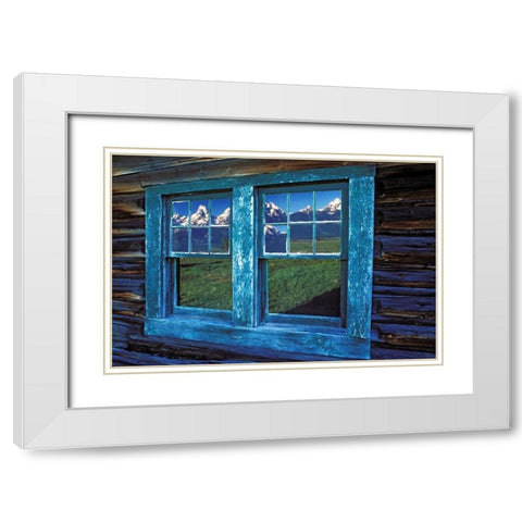 WY, Grand Tetons reflecting in windows at sunrise White Modern Wood Framed Art Print with Double Matting by Kirkland, Dennis