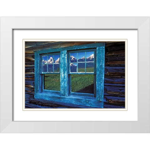 WY, Grand Tetons reflecting in windows at sunrise White Modern Wood Framed Art Print with Double Matting by Kirkland, Dennis