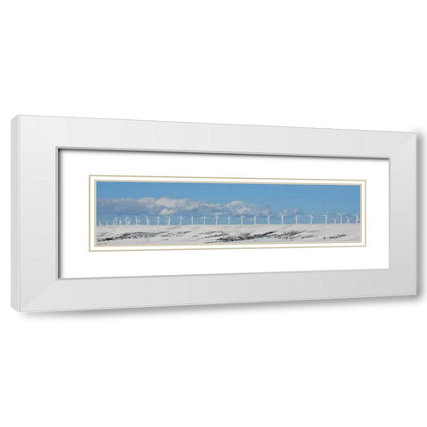 WY, Foote Creek Rim Row of wind turbines in snow White Modern Wood Framed Art Print with Double Matting by Terrill, Steve