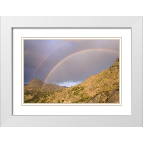 WY, Bridger Wilderness Double rainbow over peak White Modern Wood Framed Art Print with Double Matting by Paulson, Don