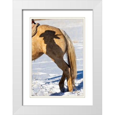 USA- Shell- Wyoming. Hideout Ranch Shadow of cowhand with hat on side of horse.  White Modern Wood Framed Art Print with Double Matting by Gulin, Darrell