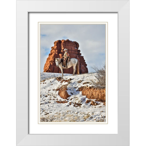 USA- Wyoming. Hideout Horse Ranch- wrangler on horseback in snow.  White Modern Wood Framed Art Print with Double Matting by Looney, Hollice