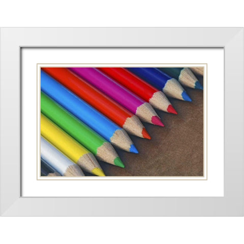 USA, Row of multicolored pencils on paper White Modern Wood Framed Art Print with Double Matting by Terrill, Steve