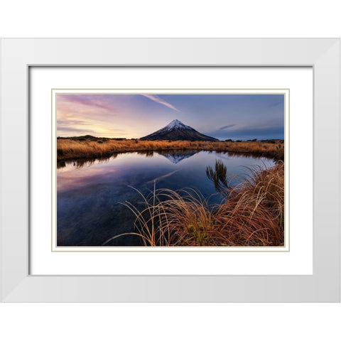 Mount Taranaki: Morning Breeze White Modern Wood Framed Art Print with Double Matting by Zhang, Yan