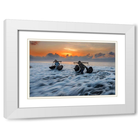 Collecting Seawater White Modern Wood Framed Art Print with Double Matting by Raja, Pradeep