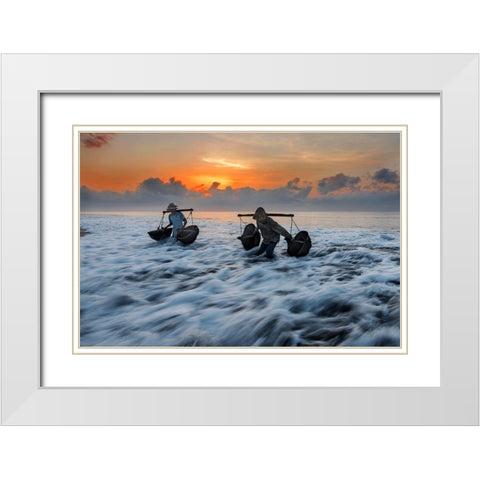 Collecting Seawater White Modern Wood Framed Art Print with Double Matting by Raja, Pradeep