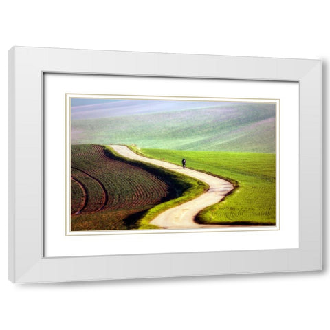 Bicyclist White Modern Wood Framed Art Print with Double Matting by Krol, Piotr