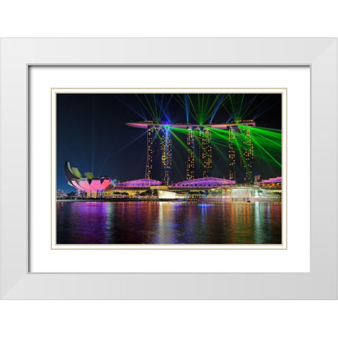 Marina Bay Sands Lasershow White Modern Wood Framed Art Print with Double Matting by Fleckenstein, Martin