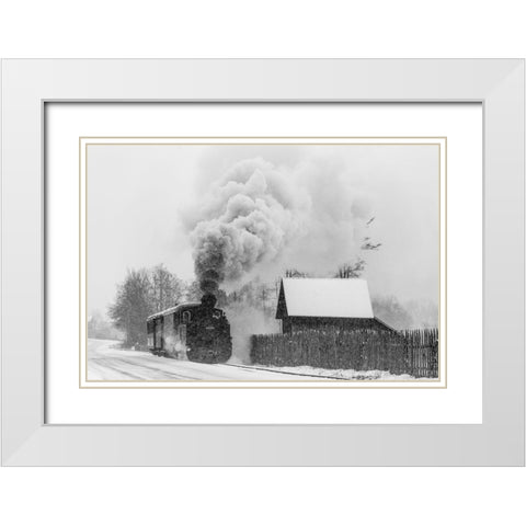 Old Train Hutulca White Modern Wood Framed Art Print with Double Matting by Dorin Lucian, Sveduneac