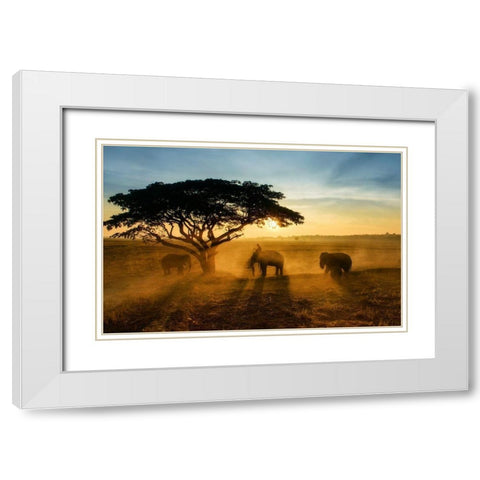 Morning Elephant Home Town White Modern Wood Framed Art Print with Double Matting by Whanset, Saravut