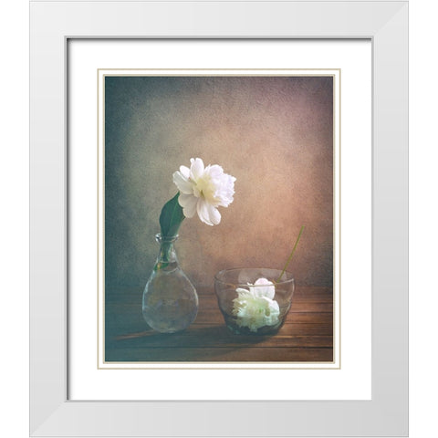 Two Peonies White Modern Wood Framed Art Print with Double Matting by Pan, Sophie