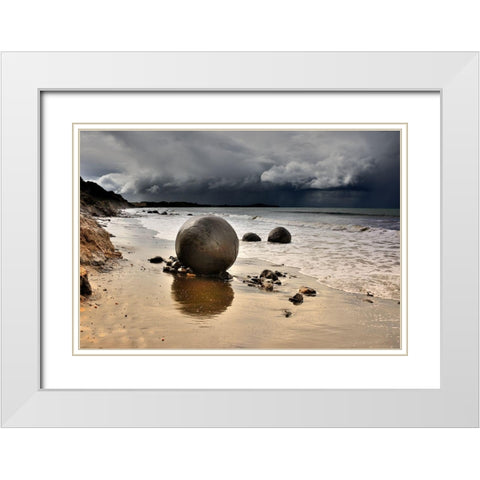 Moeraki Round Boulders White Modern Wood Framed Art Print with Double Matting by Tzur, Yair