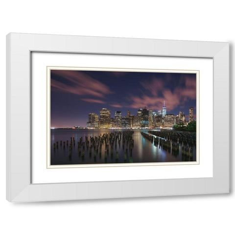 New York City At Night White Modern Wood Framed Art Print with Double Matting by Li, Austin