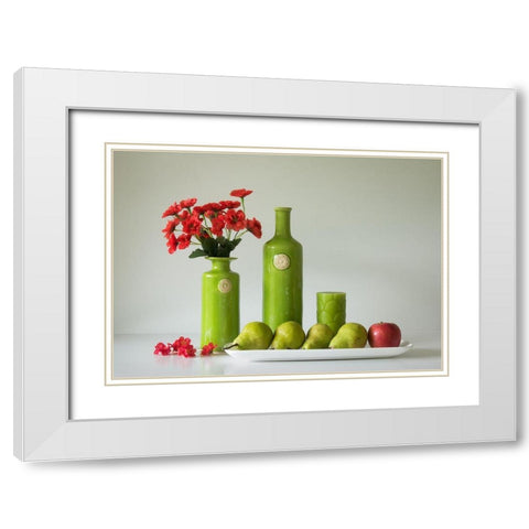 Red And Green With Apple And Pears White Modern Wood Framed Art Print with Double Matting by Hammer, Jacqueline