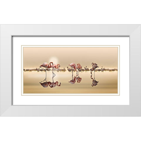 Flamingos White Modern Wood Framed Art Print with Double Matting by Osman, Nasser
