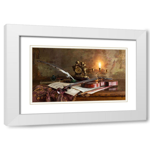 Still Life With Violin And Clock White Modern Wood Framed Art Print with Double Matting by Morozov, Andrey