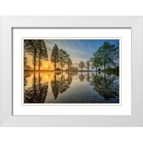 Mount Fuji Reflected In Lake -Japan White Modern Wood Framed Art Print with Double Matting by Whanset, Chanwit