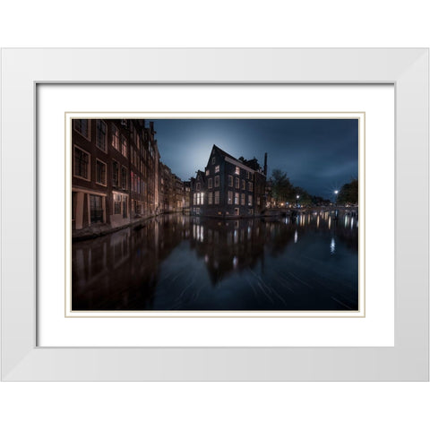 The House Under The Moonlight White Modern Wood Framed Art Print with Double Matting by De La, Javier