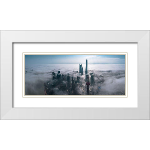 Shanghai In The Fog From Above White Modern Wood Framed Art Print with Double Matting by Huang, Stan
