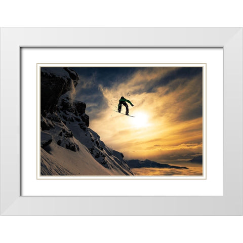 Sunset Snowboarding White Modern Wood Framed Art Print with Double Matting by Sanne, Jakob