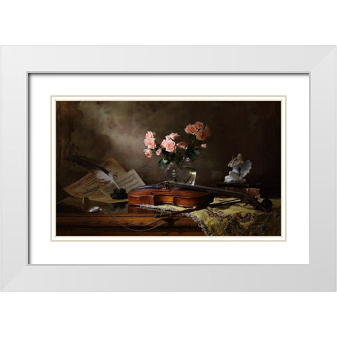 Still Life With Violin And Roses White Modern Wood Framed Art Print with Double Matting by Morozov, Andrey