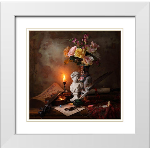 Still Life With Bust And Flowers White Modern Wood Framed Art Print with Double Matting by Morozov, Andrey