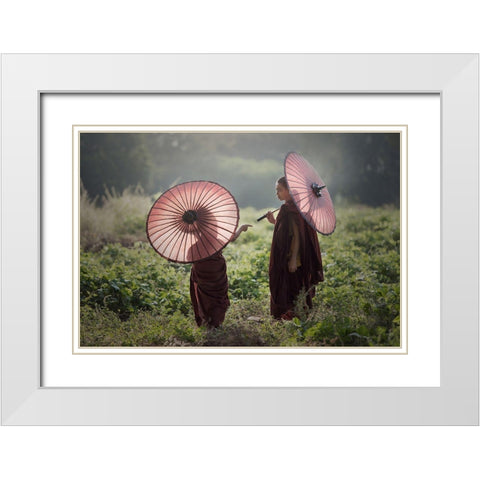Friend White Modern Wood Framed Art Print with Double Matting by Intarob, Sarawut