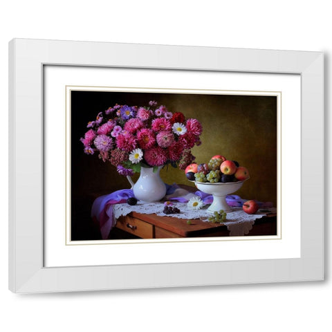 Still Life With A Bouquet Of Asters And Fruits White Modern Wood Framed Art Print with Double Matting by Skorokhod, Tatyana
