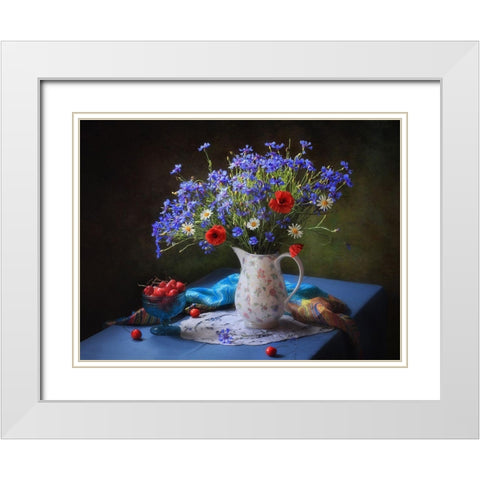 Summer Still Life With Wildflowers White Modern Wood Framed Art Print with Double Matting by Skorokhod, Tatyana