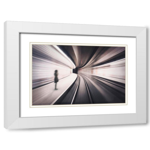 The Girl Of The Metro Station White Modern Wood Framed Art Print with Double Matting by Aristoteles, David